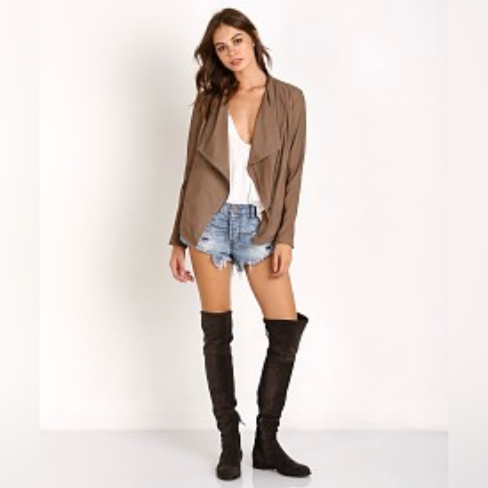 BB Dakota Genuine Leather Distressed Drape Front Jacket Taupe Brown Size M *